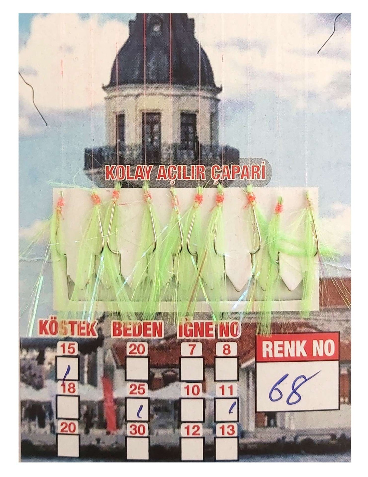 İstavrit Çaparisi UV-GLOW Simli 10 İğneli Kolay Açılan Çapari 025mm Beden x 015mm Köstek - 68