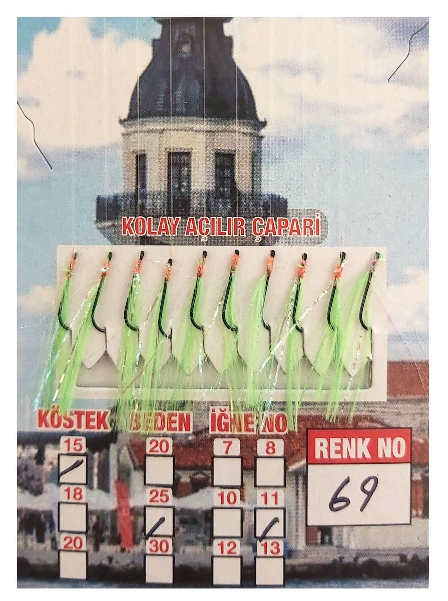 İstavrit Çaparisi UV-GLOW Simli 10 İğneli Kolay Açılan Çapari 025mm Beden x 015mm Köstek - 69